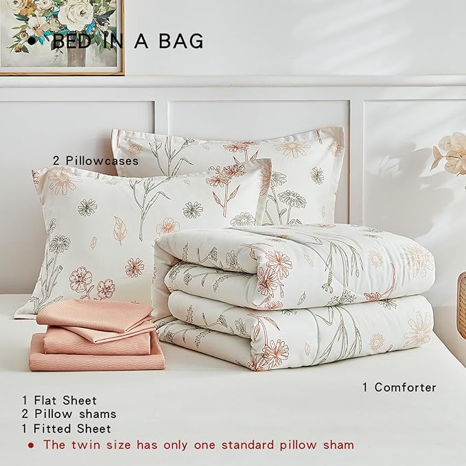 AIKASY Bed in a Bag 7 Pieces - Floral Print - Soft Microfiber, Reversible Bed Comforter Set (1 Comforter, 2 Pillow Shams, 1 Flat Sheet, 1 Fitted Sheet, 2 Pillowcases) (Sea Green, King)…