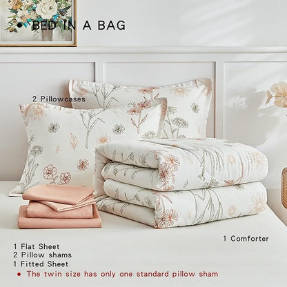AIKASY Bed in a Bag 7 Pieces - Floral Print - Soft Microfiber, Reversible Bed Comforter Set (1 Comforter, 2 Pillow Shams, 1 Flat Sheet, 1 Fitted Sheet, 2 Pillowcases) (Sea Green, King)…