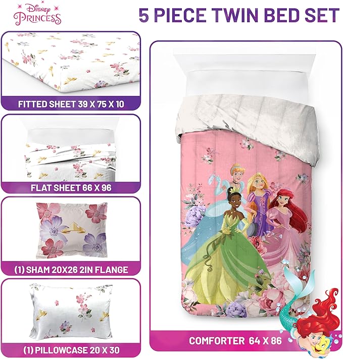 Jay Franco Disney Princess Twin Size Comforter Set - 5 Piece Bedding Includes Sheet Set & Pillow Covers - Super Soft Cozy Floral Bedding with Cinderella and Ariel