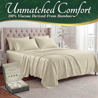 DECOLURE 100% Viscose Derived from Bamboo Sheets Twin Size - Luxury 4 Pc Naturally Cooling Sheets, Ultra Soft Bed Set - Deep 17" Pockets, Durable Double Stitching, Oeko Tex Standard (Creme)