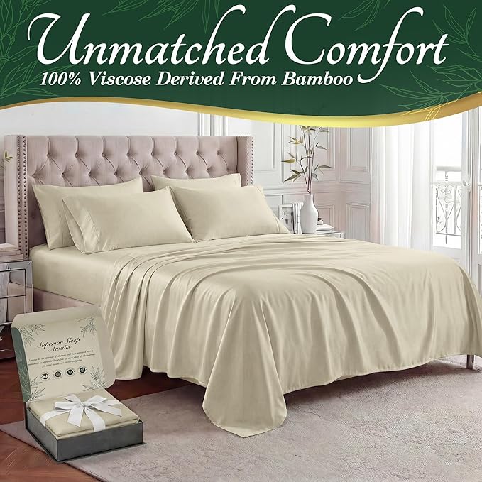 DECOLURE 100% Viscose Derived from Bamboo Sheets Full Size - Luxury 6 Pc Naturally Cooling Sheets, Ultra Soft Bed Set - Deep 17" Pockets, Durable Double Stitching, Oeko Tex Standard (Creme)