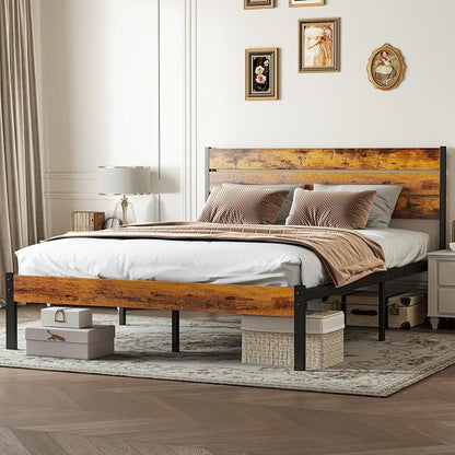 OLIXIS Full Size Platform Bed Frame with Wooden Headboard and Footboard, Heavy Duty Metal Slat Mattress Base, 800 LBS Weight Capacity, Sturdy Stable Structure, No Box Spring Needed