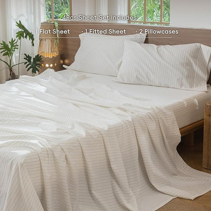 MooMee Striped Sheet Set 100% Washed Cotton Linen Like Textured Breathable Durable Soft Comfy (White Almond Milk Grey Wide Stripes, Queen)