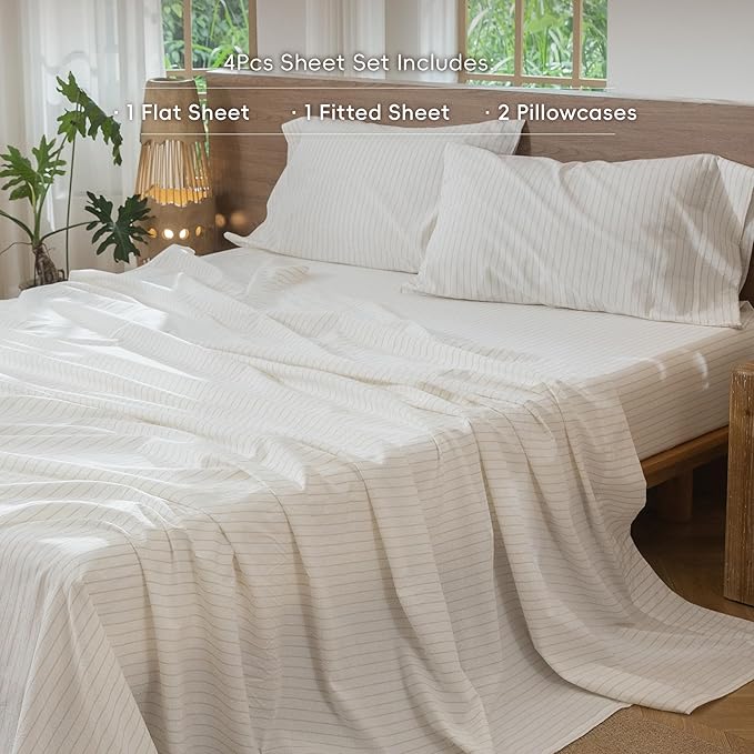 MooMee Striped Sheet Set 100% Washed Cotton Linen Like Textured Breathable Durable Soft Comfy (White Almond Milk Grey Wide Stripes, King)