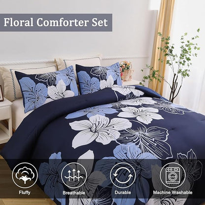 Menghomeus King Size Comforter Set Navy Blue Floral Bedding Comforter Sets - Soft Microfiber Bed Comforter Set for All Season, 3 Piece Botanical Flowers Comforter, Pillowcases