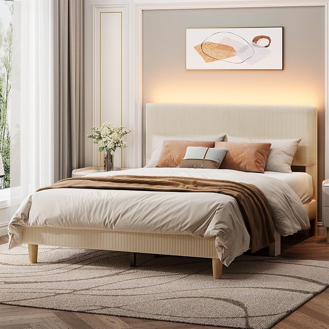 Bestier Queen Bed Frame with Headboard LED Lighting,Upholstered,Beige | Easy Assembly,LED Lighting Headboard,No Squeaks,Vertical Channel Corduroy Upholstered,Wood Slats Support,No Box Spring Needed
