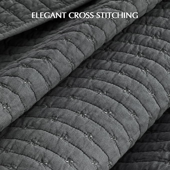 EVERGRACE Cross Stitch Pre-Washed Cotton Quilt Bedding Set King Size, Oversized 3 Pieces Lightweight Bedspread Coverlet for All Season, with 2 Matching Shams, Charcoal, 108"x96"