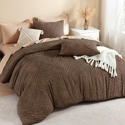 Litanika California King Comforter Set Brown, 3 Pieces Tufted Boho Farmhouse Bedding Comforter Sets, Lightweight Fluffy Comforter Bed Set All Season (104x96In Comforter & 2 Pillowcases)