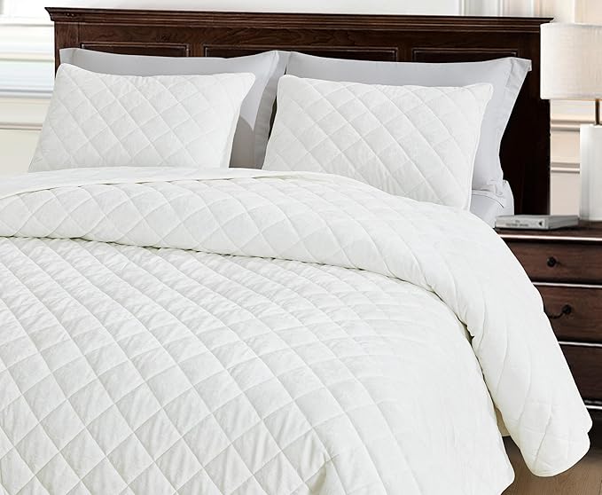 Chezmoi Collection Lux Cream White Velvet Quilt Queen Set, 3-Piece Plush Distressed Velvet Bedding All Season Lightweight Comforter Brushed Microfiber Reverse with Diamond Stitch Quilting