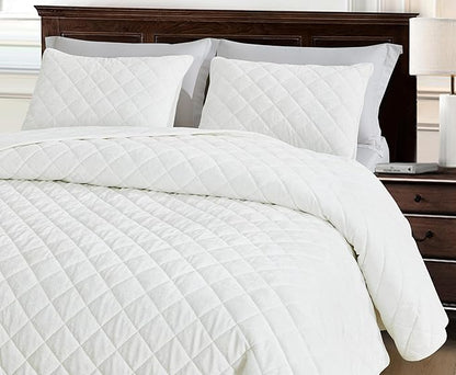 Chezmoi Collection Lux Cream White Velvet Quilt Queen Set, 3-Piece Plush Distressed Velvet Bedding All Season Lightweight Comforter Brushed Microfiber Reverse with Diamond Stitch Quilting