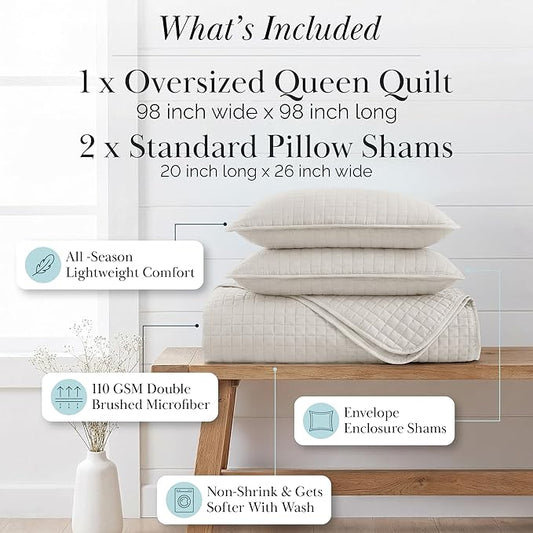 Southshore Fine Living, Inc. Full/Queen Quilt Bedding Set, Microfiber Quilts Queen Size, Coverlet, Stain & Pet Hair Resistant Bedding, Full Size Bedspread with 2 Pillow Shams, Natural Beige