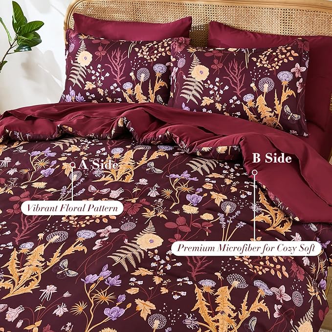 Yiran Queen Comforter Set 7 Piece, Burgundy Floral Bedding Set, Bed in a Bag Queen Size with Botanical Flowers Spring, Soft Lightweight Dark Red Comforters with Sheets Complete for All Season