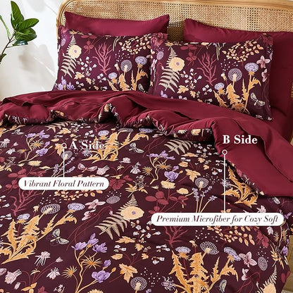 Yiran Queen Comforter Set 7 Piece, Burgundy Floral Bedding Set, Bed in a Bag Queen Size with Botanical Flowers Spring, Soft Lightweight Dark Red Comforters with Sheets Complete for All Season