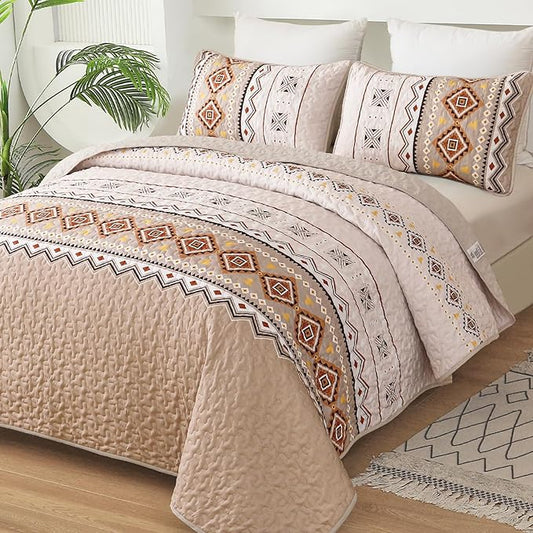 WONGS BEDDING Boho Beige Quilt Set King Size,Geometry Printed Bedspread Coverlet Set with 2 Pillowcases,Soft Bohemian Bedding Set King 104"×90"