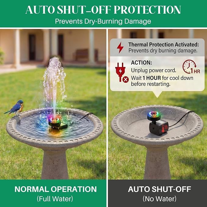 Bird Bath Fountains with 12 LED Lights, 24 Hour Working Fountain Pump with Light, Adjustable Watering Submersible Pump for Outdoor Water Garden, Pond (Colorful)