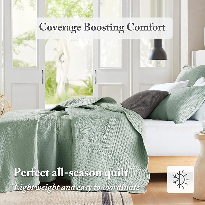 Madison Park Queen Quilt Set Damask Coverlet Set for Queen Size Bed, Cottage Oversized Quilt, Scallop Edge, All Season, Pre-washed Cotton-Filled Queen Size Quilt, Tuscany, Full/Queen Seafoam 3 Piece