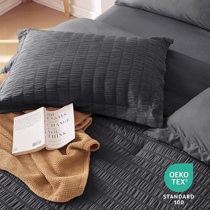 MUXHOMO 5 Pieces Twin XL Comforter Set, Seersucker Bed in a Bag Twin XL Size, All Season Luxury Bedding Set with Comforter, Flat Sheet, Fitted Sheet, Pillowcase & Sham, Dark Grey