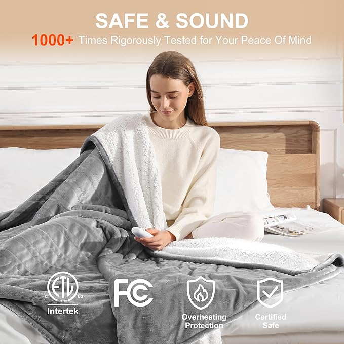 Heated Blanket Full Electric Blanket 72X84in - Fast Heating Blanket for Adults Ultra Soft Sherpa Blankets with 5 Heat Levels & 10 Hrs Timer, Machine Washable, Office Warm Blanket for Winter(Gray)