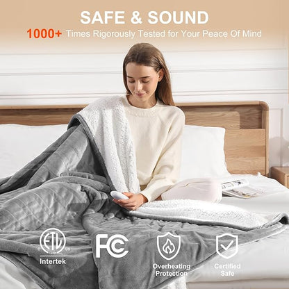 Heated Blanket Twin Electric Blanket 62X84in - Fast Heating Blanket for Adults Ultra Soft Flannel & Warm Sherpa with 5 Heat Levels & 10 Hrs Timer, Machine Washable, Office Use for Winter(Gray)