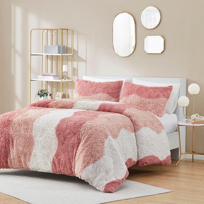 Intelligent Design Soft & Cozy Shaggy Faux Fur Comforter Set, Trendy Ombre Design with Vibrant Color, All Season, Down Alternative Bedding, Matching Sham, Cassie Full/Queen Blush Multi 3 Piece