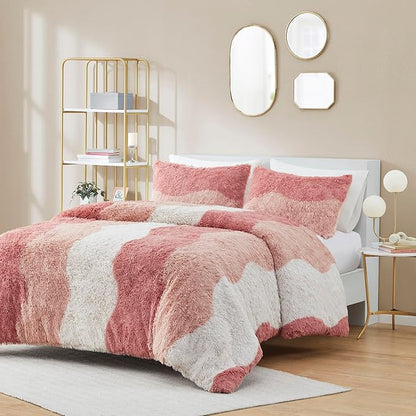 Intelligent Design Soft & Cozy Shaggy Faux Fur Comforter Set, Trendy Ombre Design with Vibrant Color, All Season, Down Alternative Bedding, Matching Sham, Cassie Twin/Twin XL Blush Multi 2 Piece