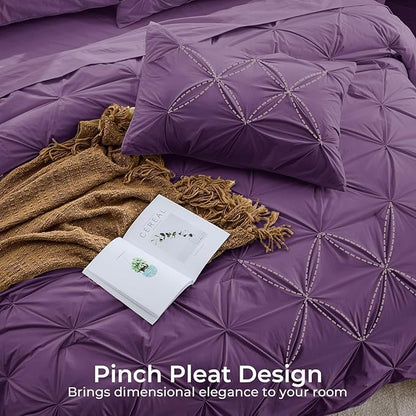 Sasttie King Size Comforter Set, 7-Piece Bed in a Bag, Pintuck Bedding Set for All Season, Includes Comforter, Flat Sheet, Fitted Sheet, Pillowcases and Pillowshams, Grape Purple