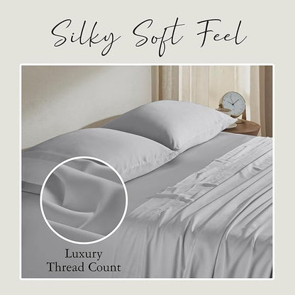 KARISSA MAE Cooling Bamboo Viscose Split King Sheet Set | 100% FSC Certified | 18” Deep Pocket | Silky, Soft, & Hypoallergenic | with Organizer Band & Elastic Corner Straps [Grey Mist]