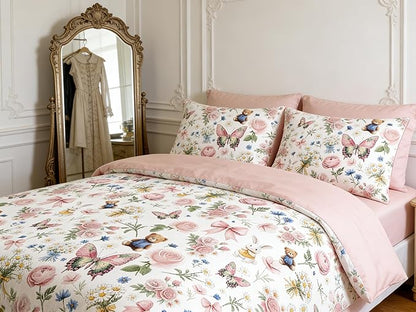 Queen Pink Floral Comforter Set for Girls, 3Pcs Pink Bow Butterfly Bedding Set for Priness Girly Bedroom Decor, Cute Rabbit Bear Comforter with 2 Pillowcases, 90"x90"