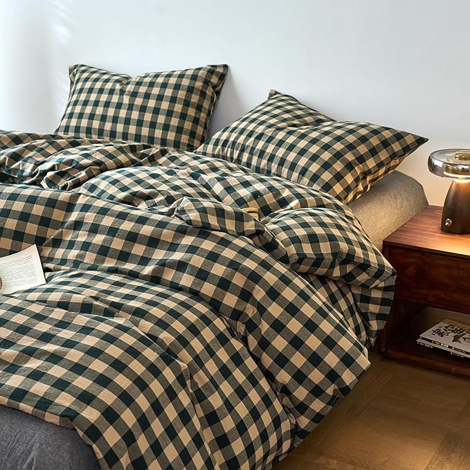 Checkered Duvet Queen Cover Dark Green Washed Cotton Queen Size Comforter Cover Boho Gingham Buffalo Plaid Zipper Duvet Cover Set with Corner Ties Pattern Boys Bedding Set Chic Duvet Protector