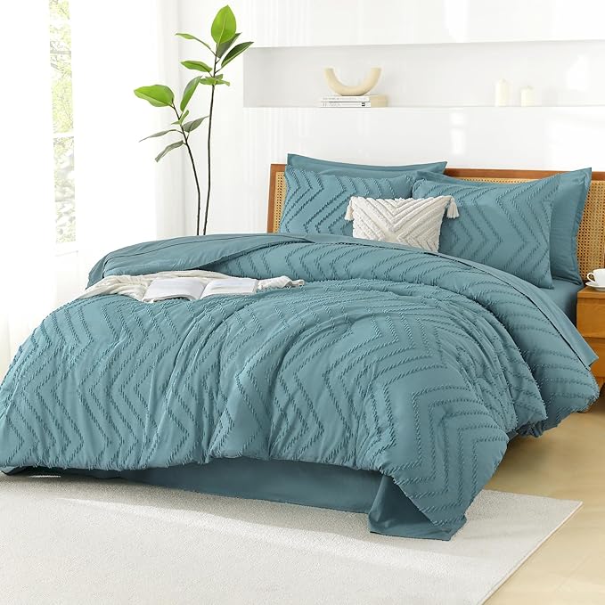 Litanika Grayish Teal Full Size Comforter Set with Sheets - 7 Pieces Bed in a Bag Full Boho Tufted Complete Bedding Sets with Comforter, Sheets, Pillowcases & Shams