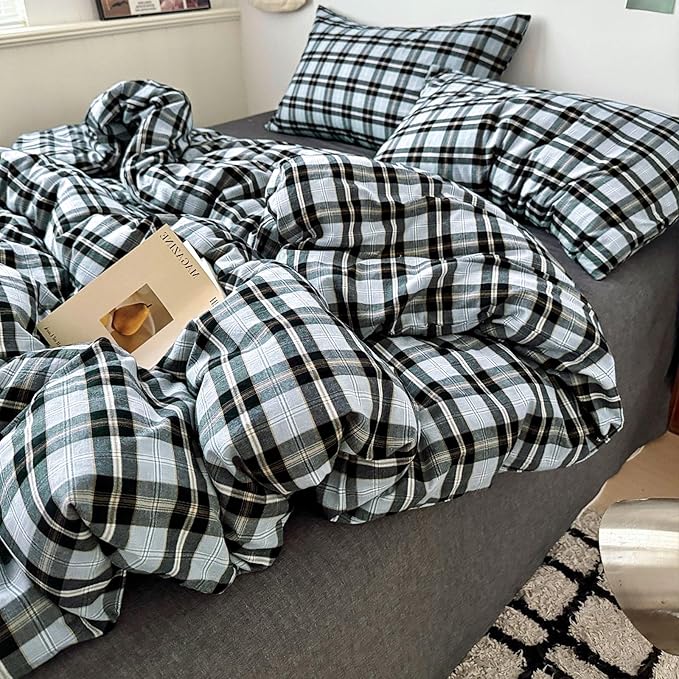 VM VOUGEMARKET Black Grey Plaid Duvet Cover Set King,3 Pieces Washed Cotton Bedding Set,Breathable Luxury Grid Duvet Cover with 2 Pillowcases