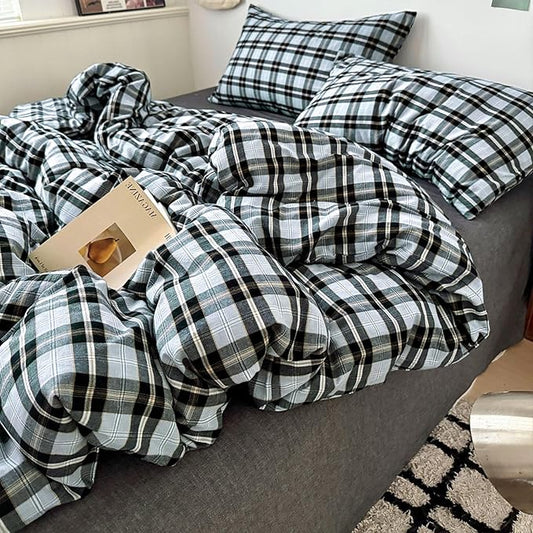 VM VOUGEMARKET Black Grey Plaid Duvet Cover Set King,3 Pieces Washed Cotton Bedding Set,Breathable Luxury Grid Duvet Cover with 2 Pillowcases