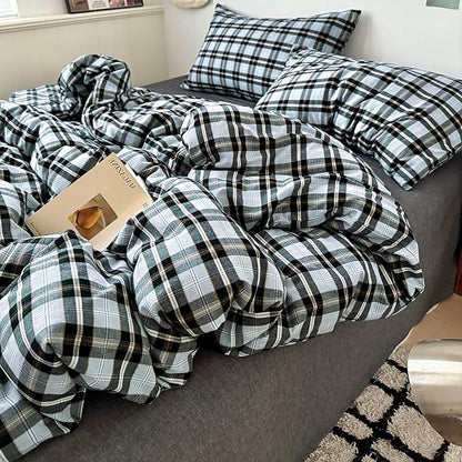 VM VOUGEMARKET Buffalo Gingham Duvet Cover Set Queen,3 Pieces Washed Cotton Bedding Set,Breathable Luxury Plaid Comforter Cover with Zipper Closure for Boys Men(Black&Grey)