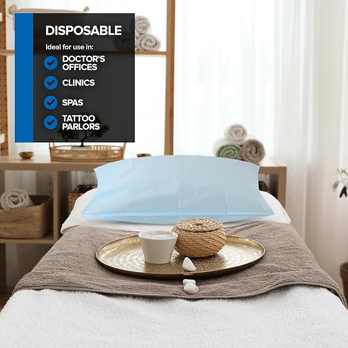 Stock Your Home (400 Count) Disposable Pillow Case Covers, Tissue/Poly 21" x 30" Standard Size, Single-Use Pillowcases with Moisture Barrier in Blue