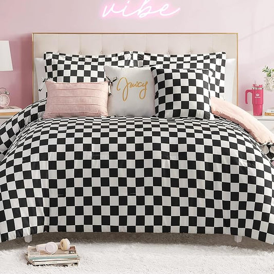 Juicy Couture Reversible Checkerboard Comforter Set 5-Piece Twin/Twin XL Set, Black/White