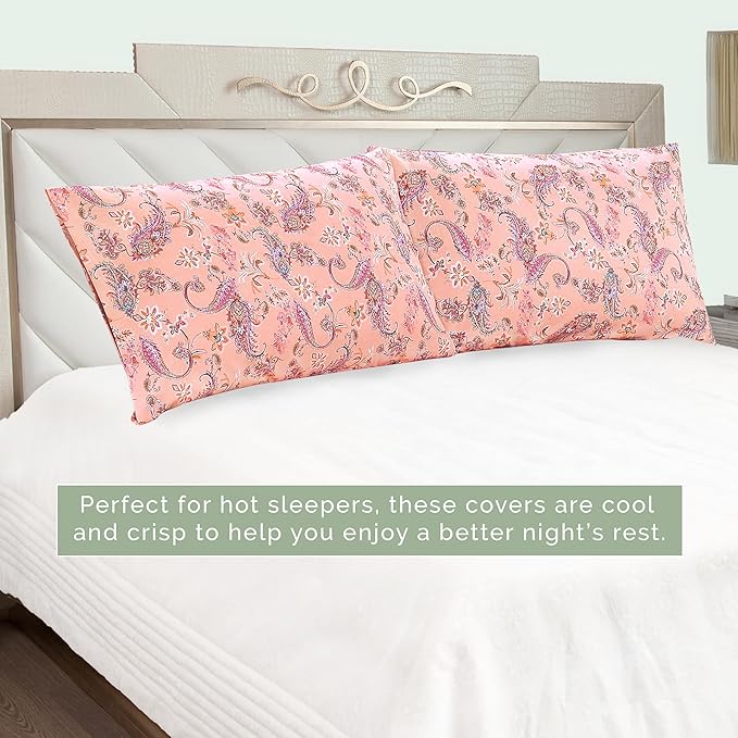 Elegant Comfort Ultra Soft Set of 2 Floral Print Pillowcases - 1500 Premium Hotel Quality Microfiber, Soft and Smooth Envelope Closure 2-Piece Pillow Covers - Standard/Queen, Paisley Coral