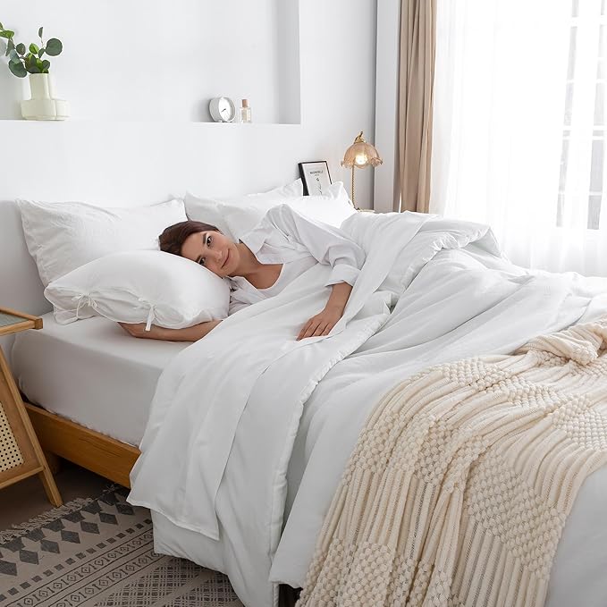 COTTEBED Ultra-Soft Queen Bed Set with Comforter and Sheets - 7 Pieces Bed in a Bag Lightweight All Season, Aesthetic Boho Hotel Polycotton Queen Down Comforter and Bedding Sheet Set Pillowcase White