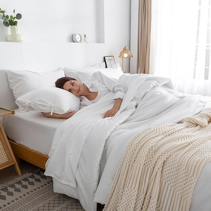 COTTEBED Ultra-Soft Queen Bed Set with Comforter and Sheets - 7 Pieces Bed in a Bag Lightweight All Season, Aesthetic Boho Hotel Polycotton Queen Down Comforter and Bedding Sheet Set Pillowcase White