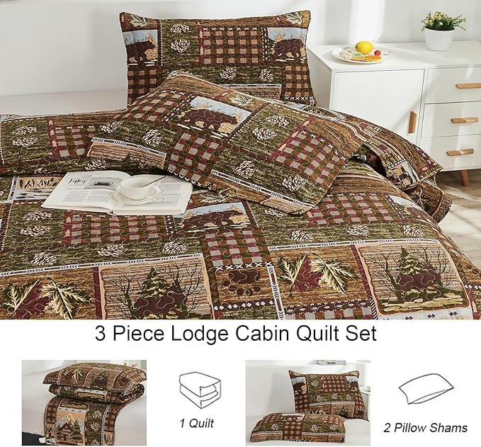 Moose Bear Quilt Set King Size Rustic Cabin Bedding Set Plaid Reversible Quilts Home Lodge Bedspread Coverlet Wildlife Bears Pine Tree Bedding Woodland Plaid Patchwork Quilted Bed Spread Country Decor
