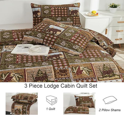 Moose Bear Quilt Set King Size Rustic Cabin Bedding Set Plaid Reversible Quilts Home Lodge Bedspread Coverlet Wildlife Bears Pine Tree Bedding Woodland Plaid Patchwork Quilted Bed Spread Country Decor