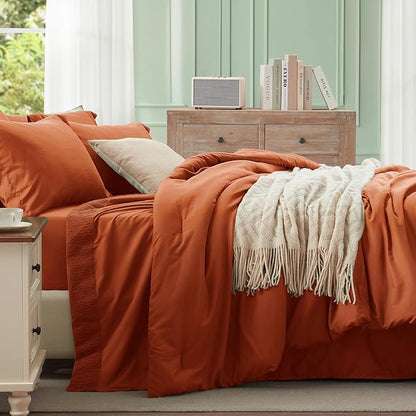 Anluoer Burnt Orange Queen Comforter Set 7 Pieces, Bed in a Bag with Sheets, All Season Bedding Sets with 1 Comforter, 2 Pillow Shams, 2 Pillowcases, 1 Flat Sheet, 1 Fitted Sheet