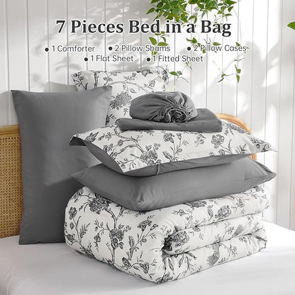 Luxudecor Floral Comforter Set Queen Size 7 Pieces, Dark Grey Flower with Bird Bed in a Bag, Soft Reversible Comforter with Sheet Bed Set 90"x90"