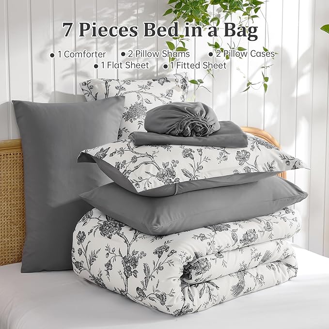 Luxudecor Floral Comforter Set King Size 7 Pieces, Dark Grey Flower with Bird Bed in a Bag, Soft Reversible Comforter with Sheet Bed Set 104"x90"
