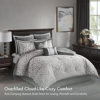 Madison Park Odette Cozy Comforter Set Jacquard Damask Medallion Design - Modern All Season, Down Alternative Bedding, Shams, Decorative Pillows, Queen(90 in x 90 in), Silver 8 Piece