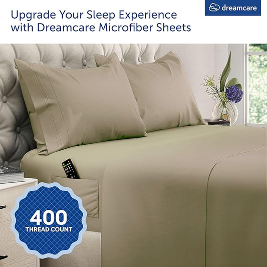 DREAMCARE Queen Size Sheets - Cooling Bed Sheets - 4pcs Set - up to 15" Deep Pocket Queen Sheet Set - Sheets Queen Size Bed - Soft & Long Lasting 100% Brushed Polyester with Side Pocket, Eucalyptus