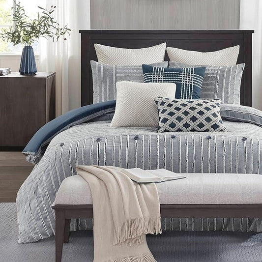 Madison Park Queen Comforter Cotton Clipped Jacquard, Oversized Comforters Queen Size Bed, All Season Down Alternative Overfilled Queen Size Comforter, Essence, Full/Queen, Blue 8 Piece