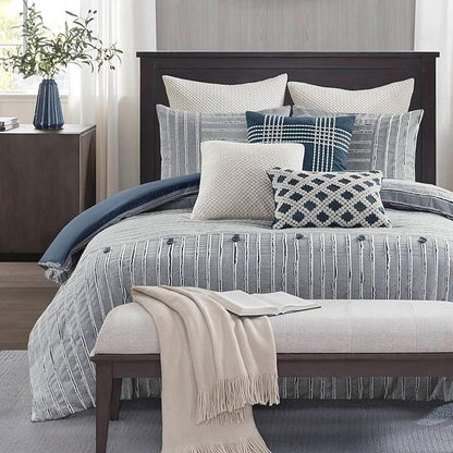 Madison Park Comforter Cotton Clipped Jacquard, Oversized Comforters King Size Bed, All Season Down Alternative Overfilled King Size Comforter, Essence, King/Cal King, Blue 9 Piece