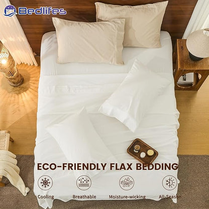 Bedlifes 100% French Pure Linen Sheets Queen Size Breathable and Cooling Flax Sheet Set Soft Durable and Moisture Wicking 16 Inch Deep Pocket-4 Piece(Queen,White)