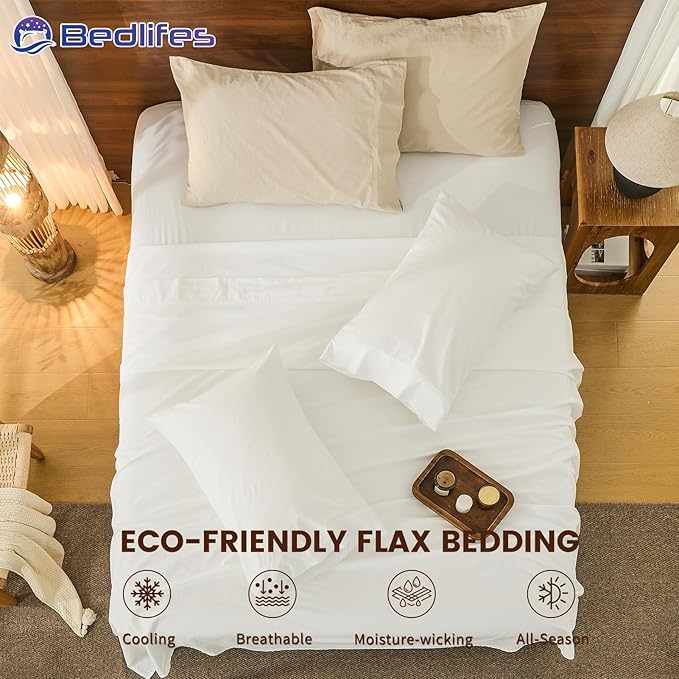 Bedlifes 100% French Pure Linen Sheets King Size Breathable and Cooling Flax Sheet Set Soft Durable and Moisture Wicking 16 Inch Deep Pocket-4 Piece(King,White)