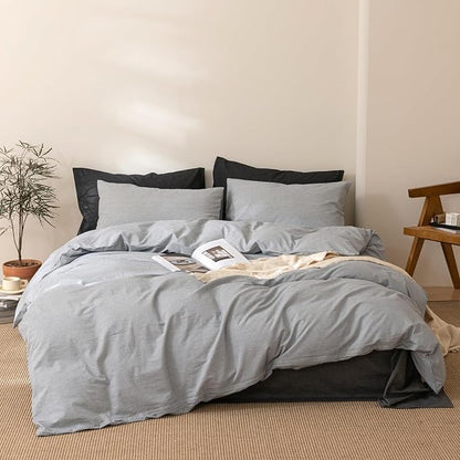 VM VOUGEMARKET Grey Pinstriped Duvet Cover Set Queen 100% Washed Cotton Bedding Set,Ticking Stripes Pattern Duvet Cover with Zipper Closure (3pcs, Horizontal Stripes)